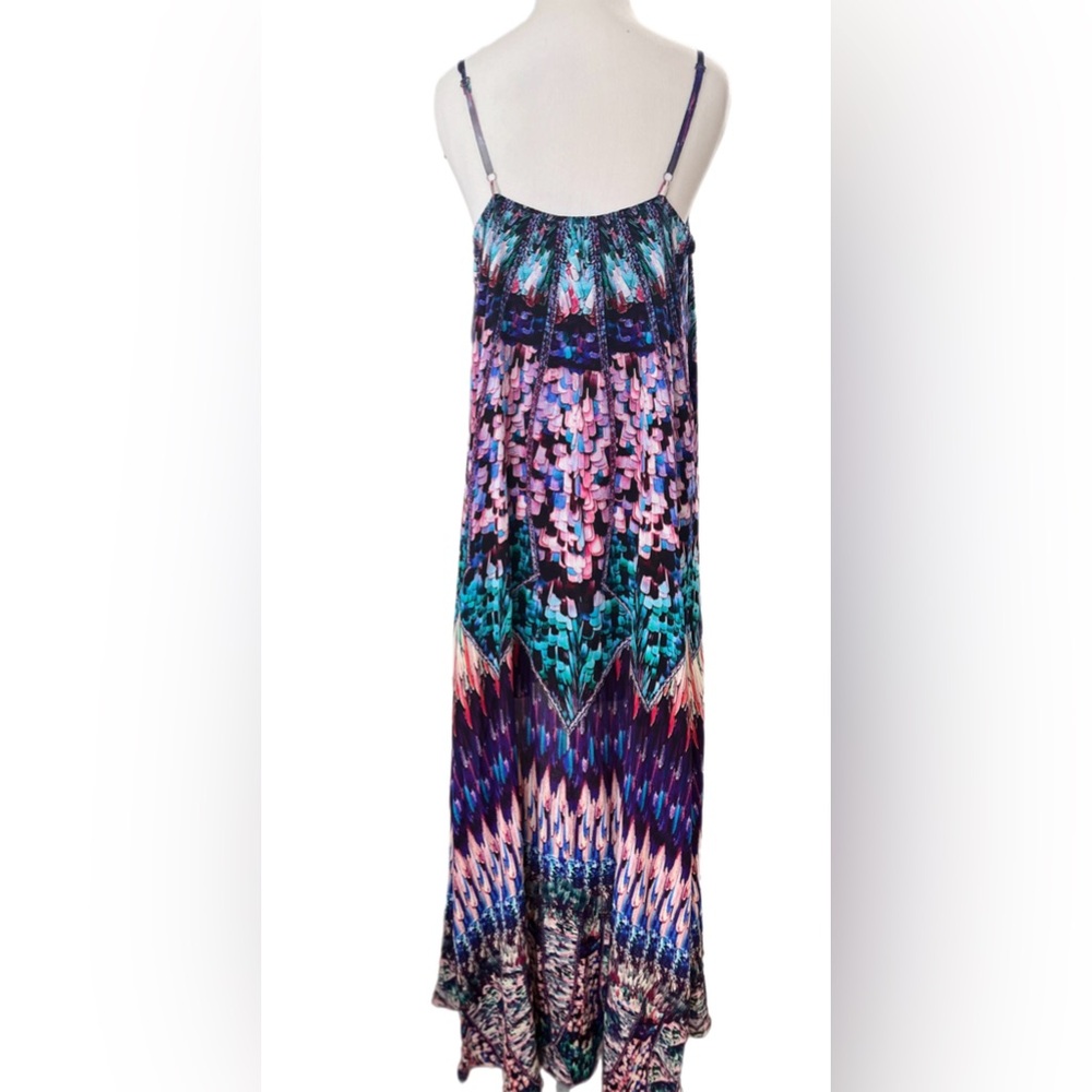 Camilla Maxi Dress Mini w/ Long Over Layer Tie Front Hi-Lo Sparkled Mixed Print - Picture 6 of 13